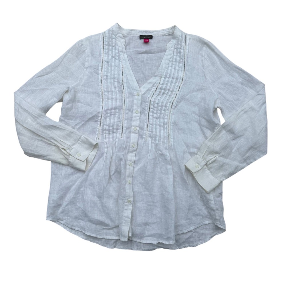 Vince Camuto Womens Linen Blouse Medium White 100% Linen Pintuck Button Up
